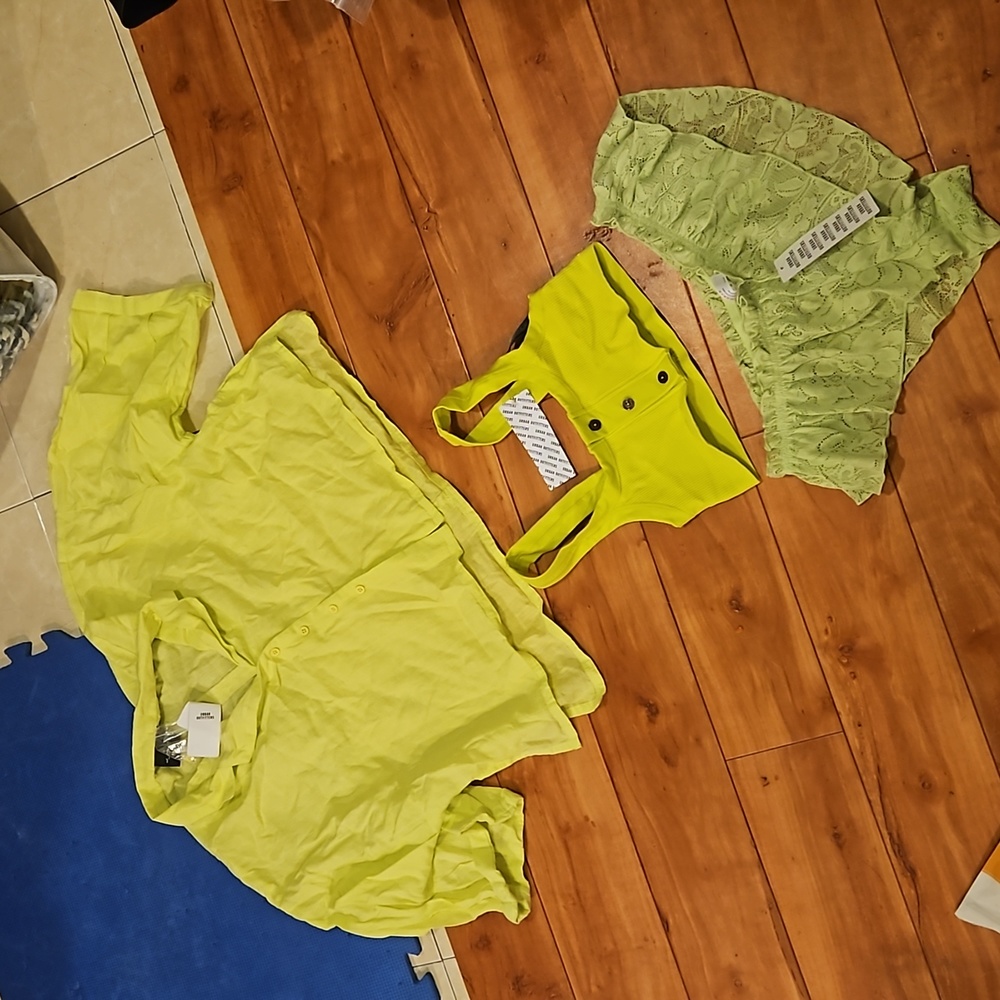 3 Uo XS neon vera button up lime yellow sleep loose fit top shirt bralette short